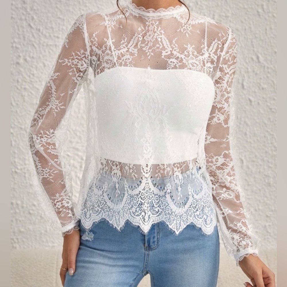 Luxe black romantic floral lace long sleeve top - Picture 6 of 9
